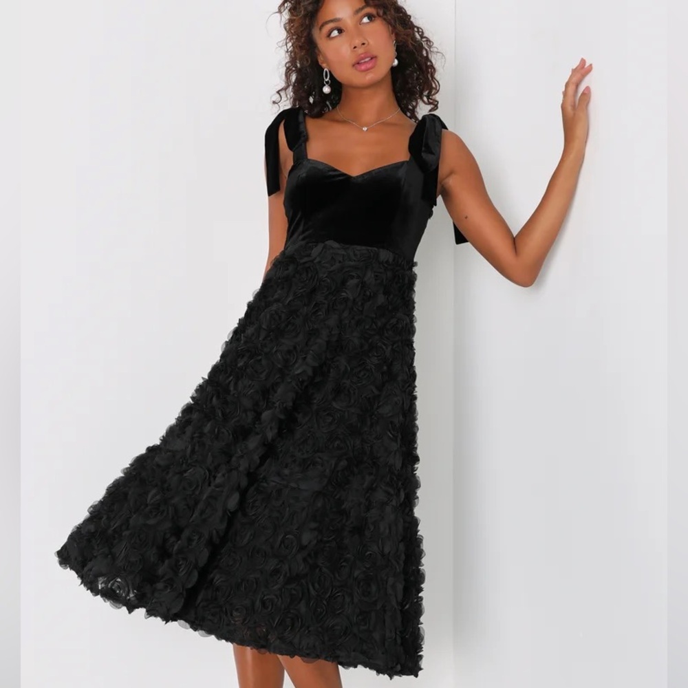 Black Velvet and Floral Midi Dress